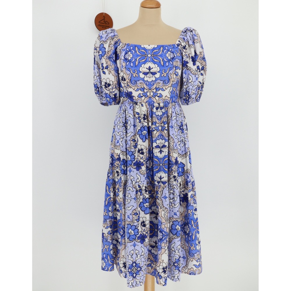 Vince‎ Camuto Floral Tile Print Puff Sleeve Smocked Midi Dress Sz 4 Boho Coastal